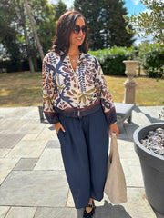Navy Palm Oasis Linen Blend Bomber Jacket