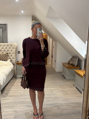 Wine Stud Detail Two Piece Skirt Set Wilma