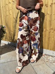 Chocolate Floral Brushwork Print Trousers