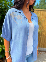Denim Linen Studded Palm Shirt Ruby