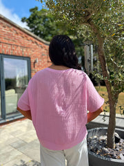 Pink Striped Textured Linen Top Anais