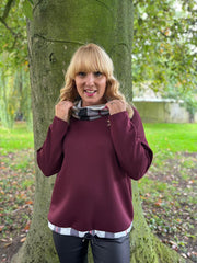 Wine Checked Trim Sweat Top Iris
