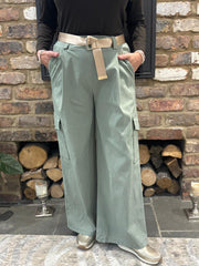 Sage Wide Leg Pull On Cargo Trousers