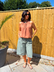 Khaki Wide Leg Bead Tie Culottes