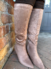 Mocha Faux Suede Pointed Knee High Boots