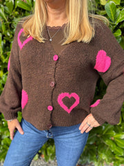 Chocolate & Pink Heart Knit Cardigan Denise