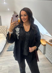 Black Diamante Flower Shirt Kristie