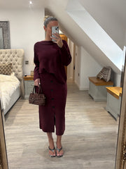 Wine Button Detail Two Piece Skirt Set Jenny