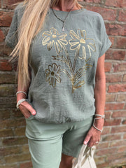 Khaki Metallic Flower Top Kenedy