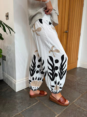 White & Black Coastal Print Hareem Trousers