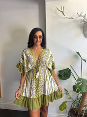 Olive Multi Print Kaftan Tunic Dress Fern