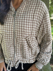 Stone Quilted Check Zip Bomber Jacket