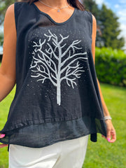 Black Embellished Tree Of life Vest Top Olivia