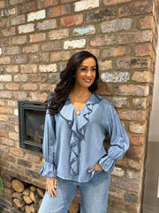 Denim Ruffle Frill Blouse Dionne