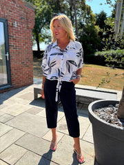White Sketched Leaf Tie Front Blouse Brielle