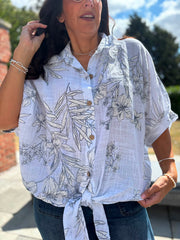White Botanical Tie Front Blouse Brielle