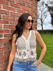 Mocha Crochet Fringe Waistcoat Jan