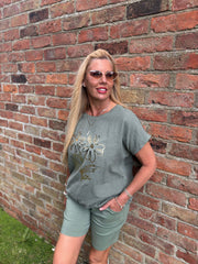 Khaki Metallic Flower Top Kenedy
