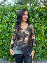 Black Scenic Printed Top River