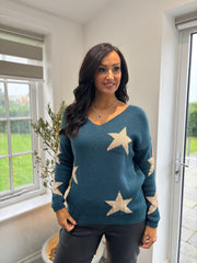 Teal V Neck Star Jumper Arlette