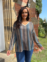 Denim Blue Pattern Stripe Shimmer Top Freya