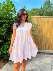 Light Blue Bubble Cotton Striped Dress Crystal