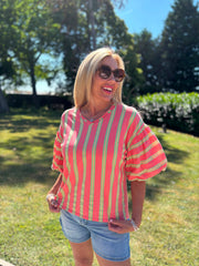 Coral Puff Sleeve Striped Top Erin