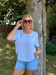 White Striped Textured Linen Top Anais