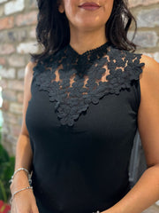 Black Crochet Floral Ribbed Vest Olivia