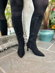 Black Faux Suede Pointed Knee High Boots
