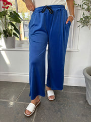 Royal Blue Pull On Wide Leg Velour Trousers