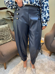 Navy Military Detail Pleather Trousers