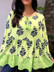Lime Broderie Hem Tassel Top Ruth