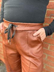Tan Wide Leg Seam Front Pleather Trousers