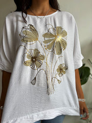 White Metaillic Flower Print Top Lila