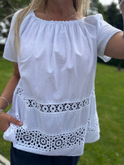 White Crochet Detail Bardeau Top Hazel