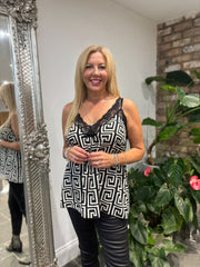 Winter White Greek Key Lace Trim Vest Megan