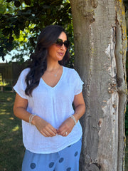 White Textured V Neck Top Jodie