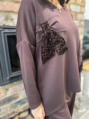 Chocolate Sequin Bow Sweat Top Emma