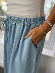 Light Denim Wide Leg Embroidered Trousers