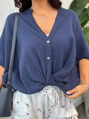 Navy Gathered Hem Bubble Cotton Top Ginny