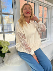 Cream Luxury Lace Mesh Hoodie Adalynn