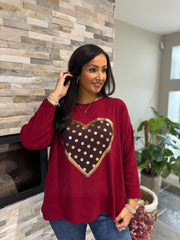Wine Metallic Heart Ribbed Sweatshirt Brooke