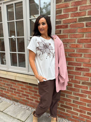 Chocolate Single Embroidered Floral Tee Jill