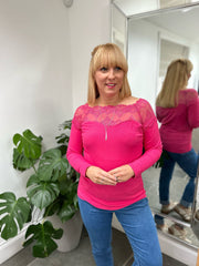 Lipstick Pink Long Sleeve Lace Top Ruby