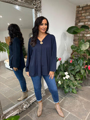 Navy V Neck Brooch Top Harper