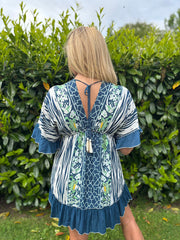 Navy Multi Print Kaftan Tunic Dress Fern