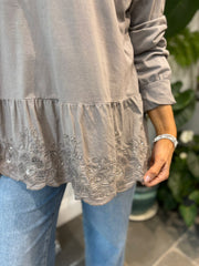 Mocha Crochet Trim Hooded Top Thea