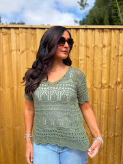 Khaki Crochet Knit Top Selina