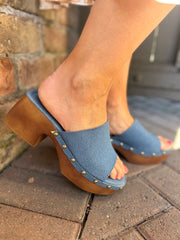 Denim Open Toe Block Heel Clogs